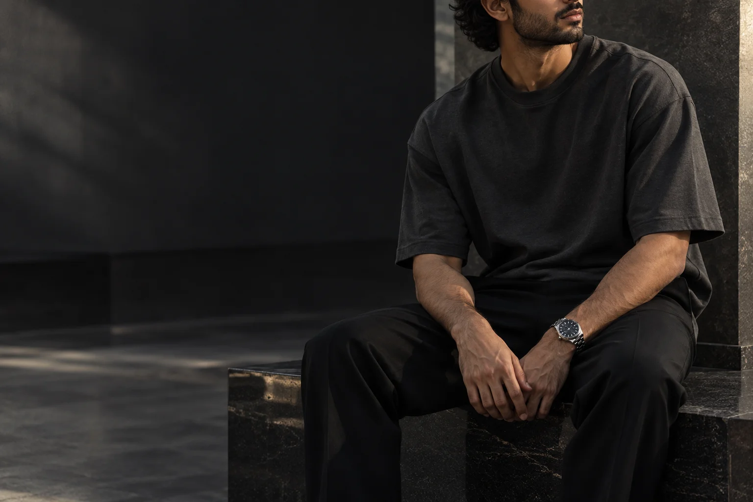 Generated editorial campaign: charcoal streetwear and steel watch, creative direction rather than actual stock